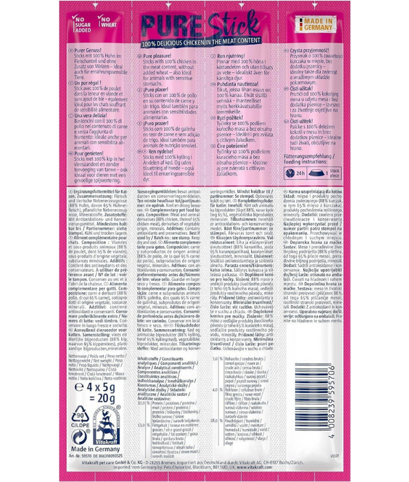 Vitakraft - Pure Stick Chicken, Mono Protein, Wheat-Free, Sensitive Digestion, Skin & Coat Support, All Life Stages - 20 g (4 x 5 g)