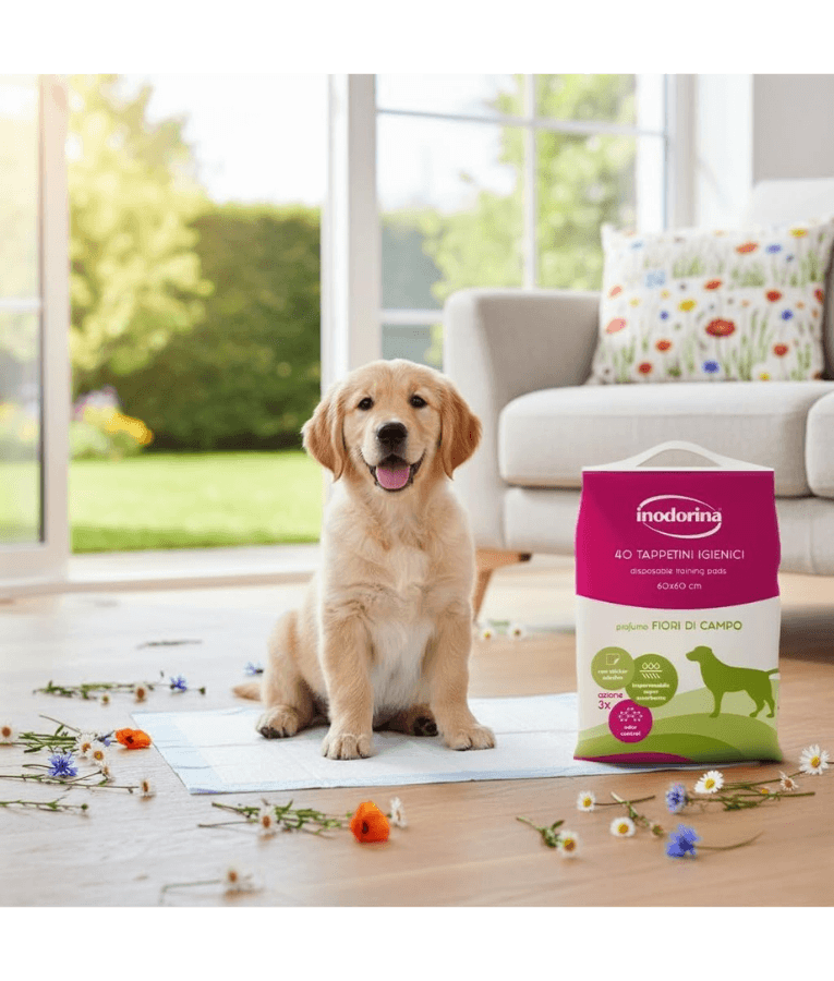 Inodorina - Perfumed Hygienic Pee Pads, Wild Flowers Scent, Super Absorbent Virgin Cellulose with Odour Control & Non-Slip Sticker for Dogs - 40 pcs