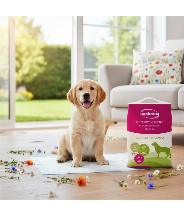 Inodorina - Perfumed Hygienic Pee Pads, Wild Flowers Scent, Super Absorbent Virgin Cellulose with Odour Control & Non-Slip Sticker for Dogs - 40 pcs