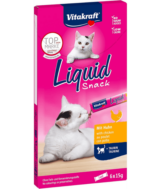 Vitakraft Liquid Snack Chicken & Taurine for cats, 90 g package with two kittens on the front.