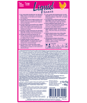 Vitakraft liquid snack chicken taurine back packaging details, 90g with feeding instructions and nutritional info.