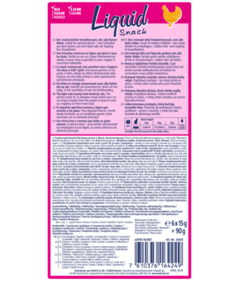 Vitakraft liquid snack chicken taurine back packaging details, 90g with feeding instructions and nutritional info.