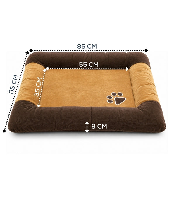 King Queen - Ribbed Fabric Rectangle Dog Bed, Raised Bolster Sides, Mustard & Brown - 85 × 65 × 8 cm