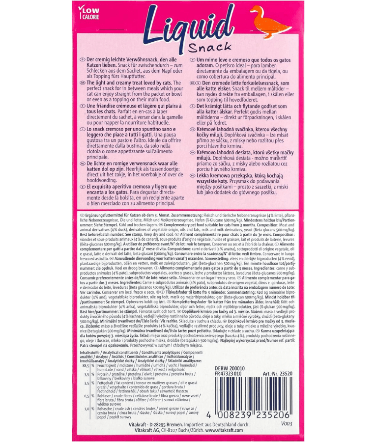 Vitakraft liquid snack duck treat packaging back with nutritional information and usage instructions.