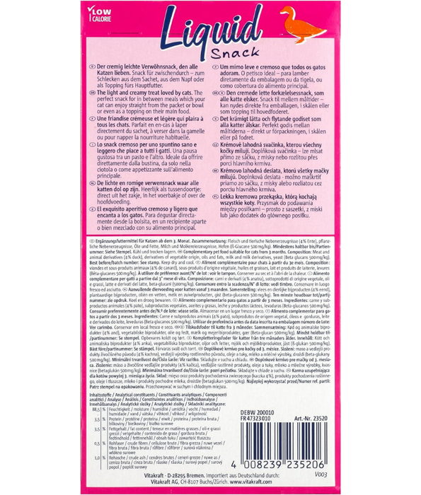 Vitakraft - Liquid Snack Duck & Beta-Glucans, Immune Support, Low Calorie, All Life Stages - 90 g (6 x 15 g)