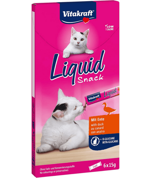Vitakraft liquid snack packaging featuring creamy duck treat for cats, immune support, low calorie, 90 g.