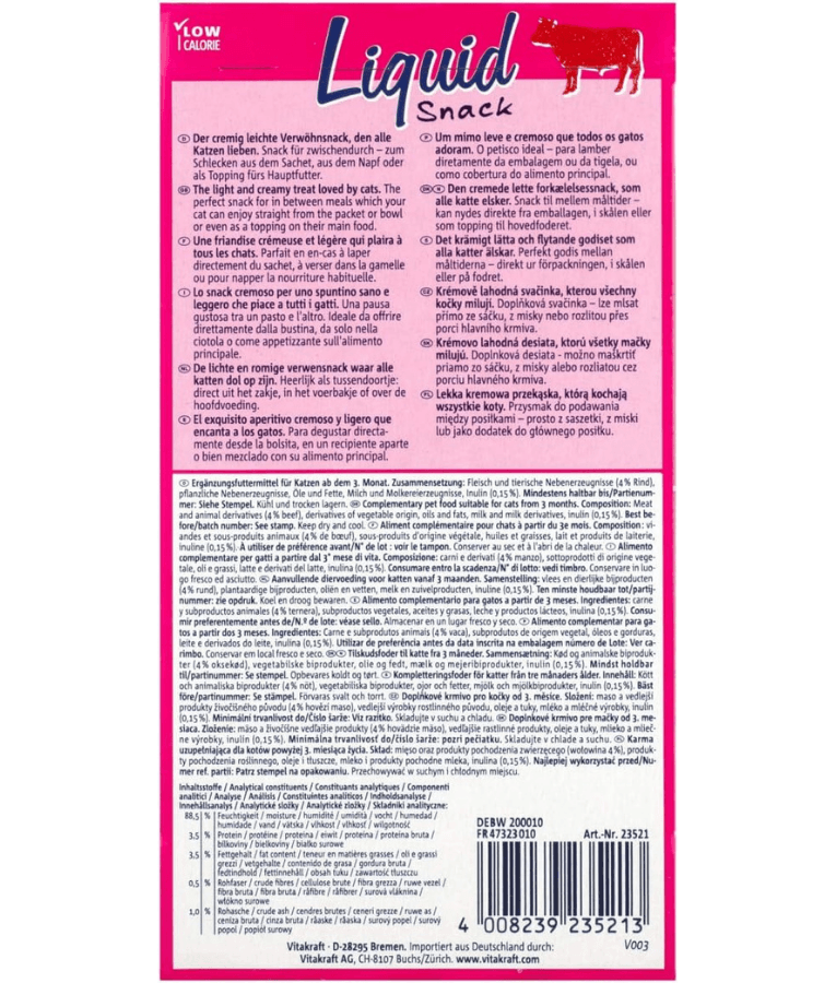 Vitakraft Liquid Snack Beef & Inulin packaging for digestive support and low calorie cat treat