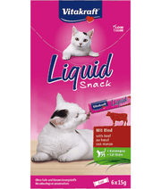 Vitakraft Liquid Snack Beef & Inulin pouch featuring playful cats, low-calorie treat for all life stages, 90 g package.