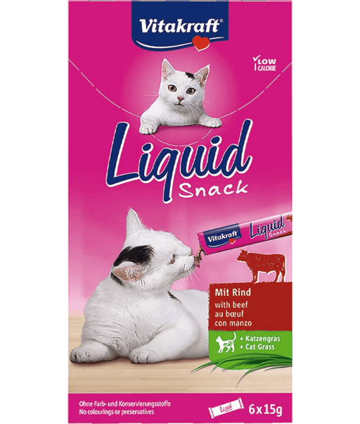Vitakraft Liquid Snack Beef & Inulin pouch featuring playful cats, low-calorie treat for all life stages, 90 g package.