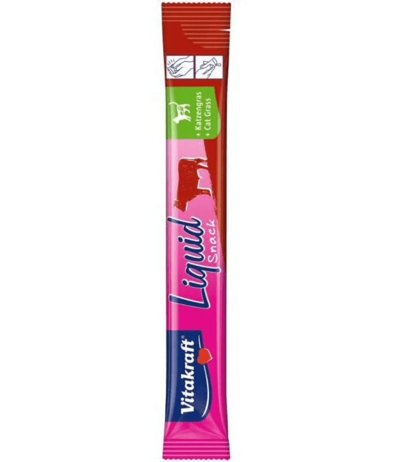 Vitakraft Liquid Snack Beef & Inulin packaging, creamy treat for cats, digestive support, low calorie.