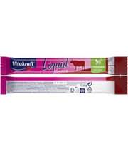 Vitakraft Liquid Snack Beef & Cat Grass packaging, creamy cat treat for digestive support, 15g sachet.