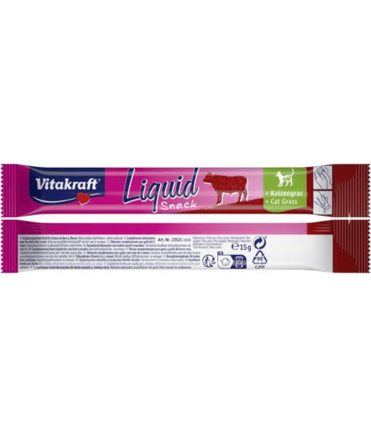 Vitakraft Liquid Snack Beef & Cat Grass packaging, creamy cat treat for digestive support, 15g sachet.