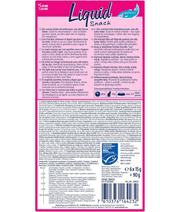 Vitakraft liquid snack packaging with instructions and nutritional information for salmon treat, 90g (6 x 15g).