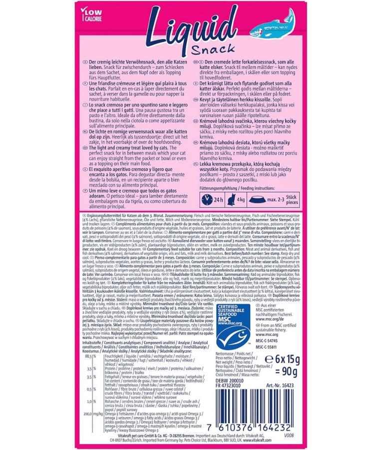 Vitakraft liquid snack packaging with instructions and nutritional information for salmon treat, 90g (6 x 15g).