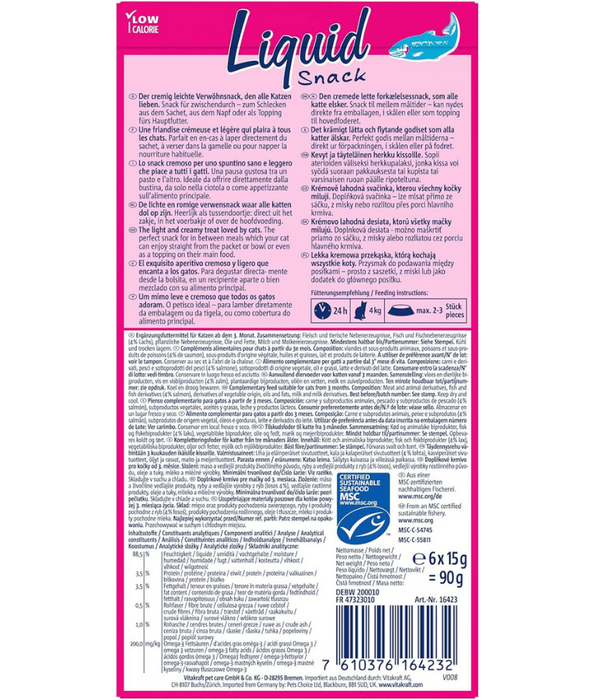 Vitakraft - Liquid Snack Salmon, Omega 3, Skin & Coat Support, All Life Stages - 90 g (6 x 15 g)