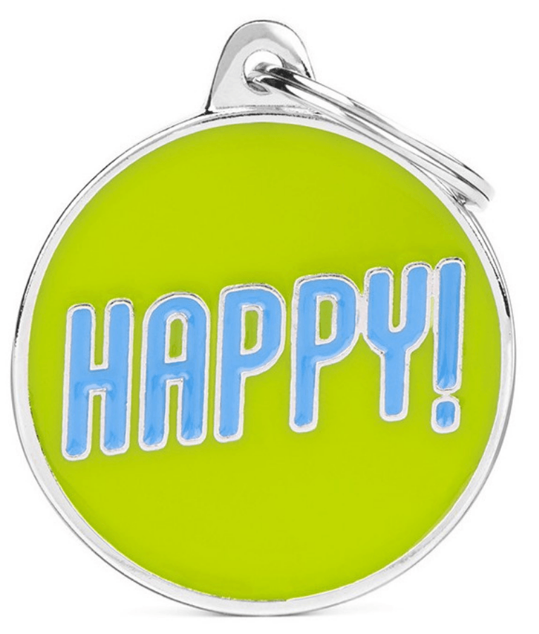 My Family - Green "Happy!" Round ID Tag, Personalized Engraving, For Dogs & Cats - 3.2 x 3.9cm