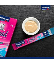Vitakraft Liquid Snack Salmon in a bowl with sachet packaging, omega 3 for cat treat, low-calorie creamy texture.