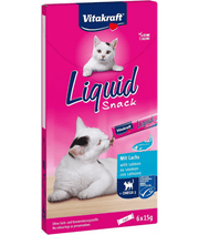 Vitakraft Liquid Snack Salmon, Omega 3, cat treat packaging with two cats, 90 g (6 x 15 g)