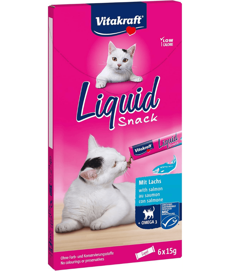 Vitakraft Liquid Snack Salmon, Omega 3, cat treat packaging with two cats, 90 g (6 x 15 g)