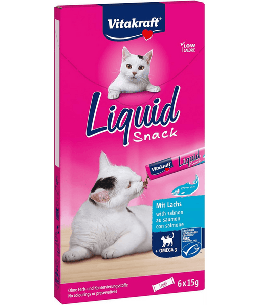 Vitakraft Liquid Snack Salmon, Omega 3, cat treat packaging with two cats, 90 g (6 x 15 g)