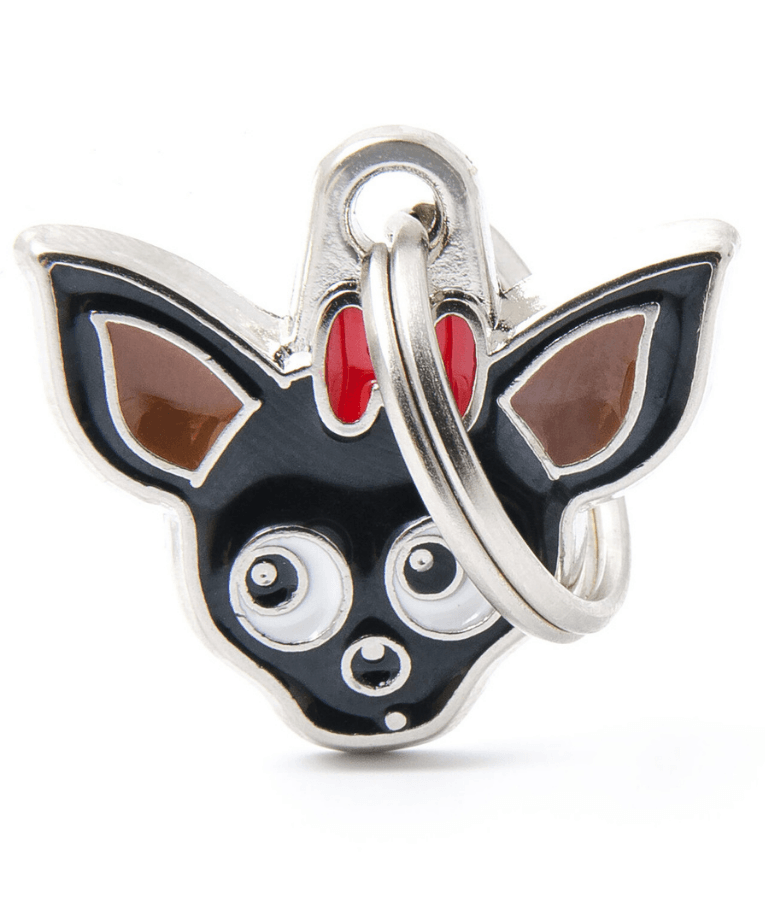My Family - Black Chihuahua Face ID Tag with Red Bow, Personalized Engraving, For Dogs - 2.5 x 2.2cm