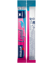 Vitakraft Liquid Snack Salmon in a sachet, enriched with Omega 3 for cat skin and coat support.