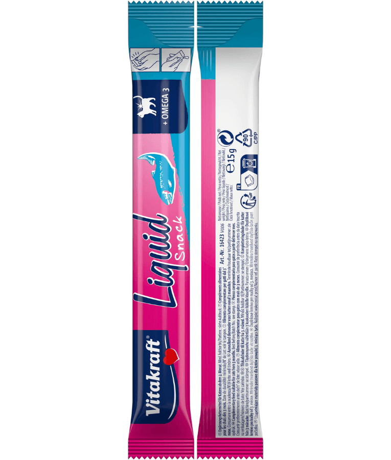 Vitakraft Liquid Snack Salmon in a sachet, enriched with Omega 3 for cat skin and coat support.