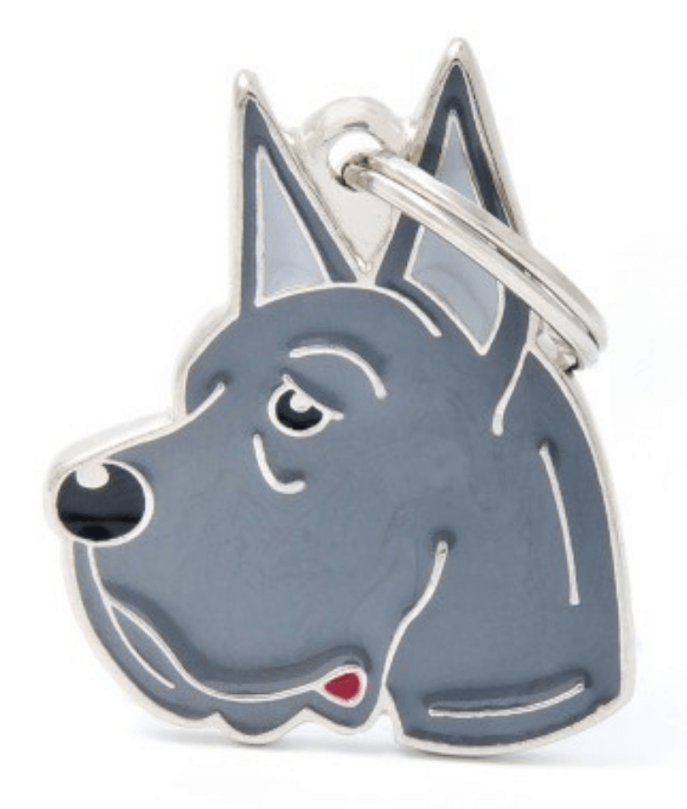 My Family - Grey Great Dane Face ID Tag, Personalized Engraving, For Dogs - 3 x 3.6cm