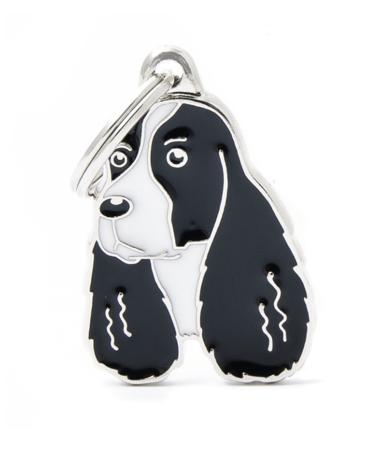 My Family - Black & White Springer Spaniel Face ID Tag, Personalized Engraving, For Dogs - 2.5 x 3.7cm