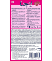 Vitakraft Liquid Snack Liver Sausage packaging showing ingredients and feeding instructions, 90g (6 x 15g)