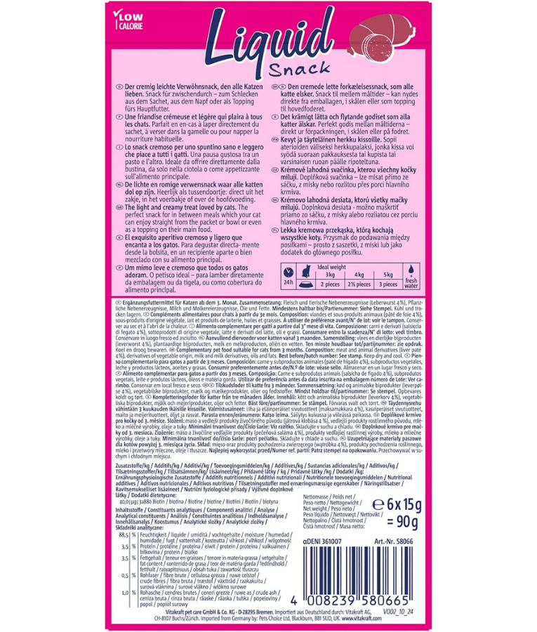 Vitakraft Liquid Snack Liver Sausage packaging showing ingredients and feeding instructions, 90g (6 x 15g)