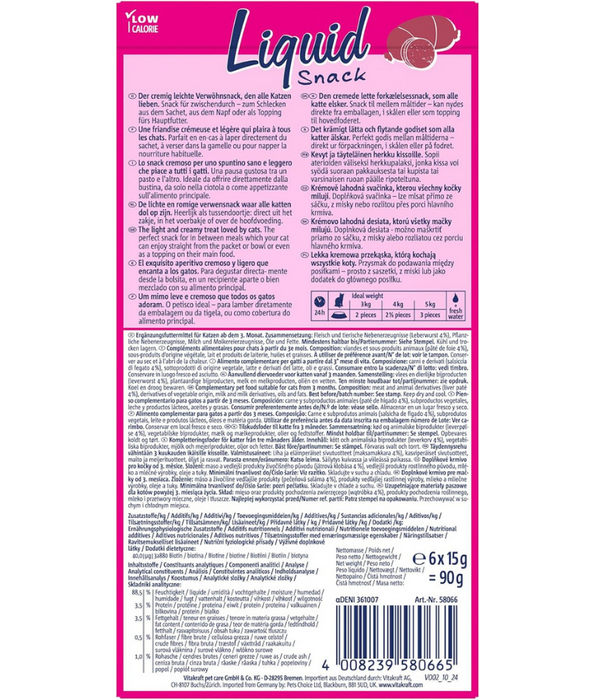 Vitakraft - Liquid Snack Liver Sausage, Biotin, Skin & Coat Support, All Life Stages - 90 g (6 x 15 g)