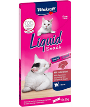 Vitakraft liquid snack liver sausage treat for cats, enriched with biotin for healthy skin and shiny coat, 90g package.