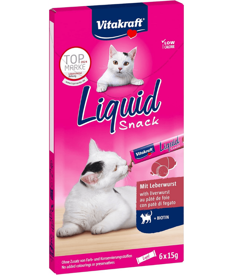 Vitakraft liquid snack liver sausage treat for cats, enriched with biotin for healthy skin and shiny coat, 90g package.