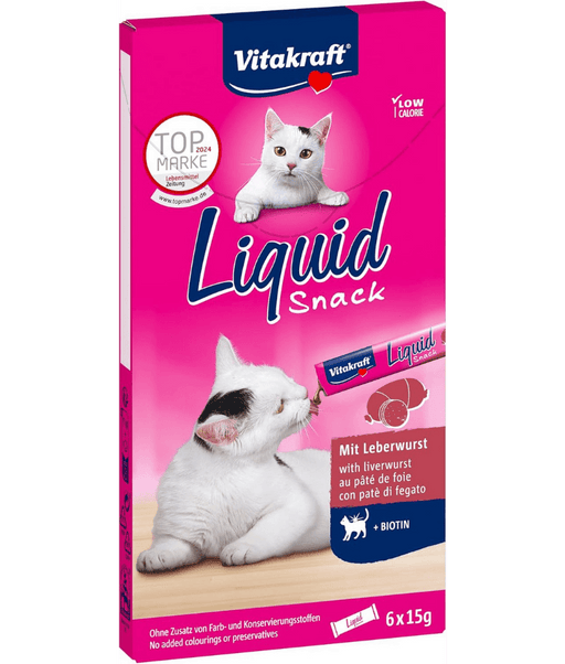Vitakraft liquid snack liver sausage treat for cats, enriched with biotin for healthy skin and shiny coat, 90g package.