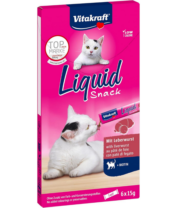 Vitakraft - Liquid Snack Liver Sausage, Biotin, Skin & Coat Support, All Life Stages - 90 g (6 x 15 g)