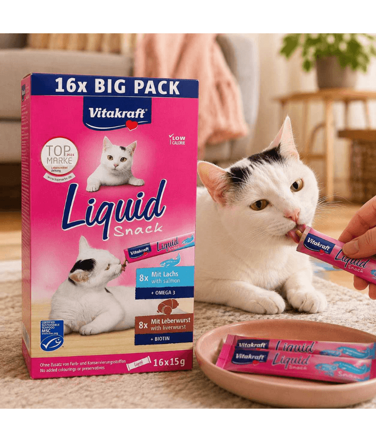 Vitakraft Liquid Snack Multipack, high quality cat treats for cats, Salmon & Liver Sausage flavors, 240g pack.