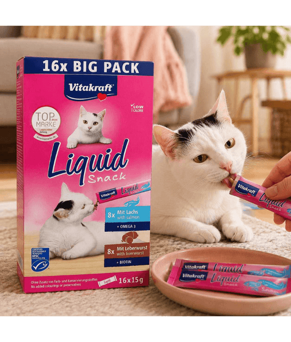 Vitakraft Liquid Snack Multipack, high quality cat treats for cats, Salmon & Liver Sausage flavors, 240g pack.