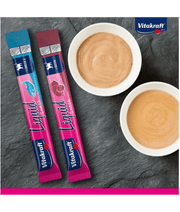 Vitakraft Liquid Snack Multipack with salmon and liver sausage flavors, high quality cat treats for all life stages.