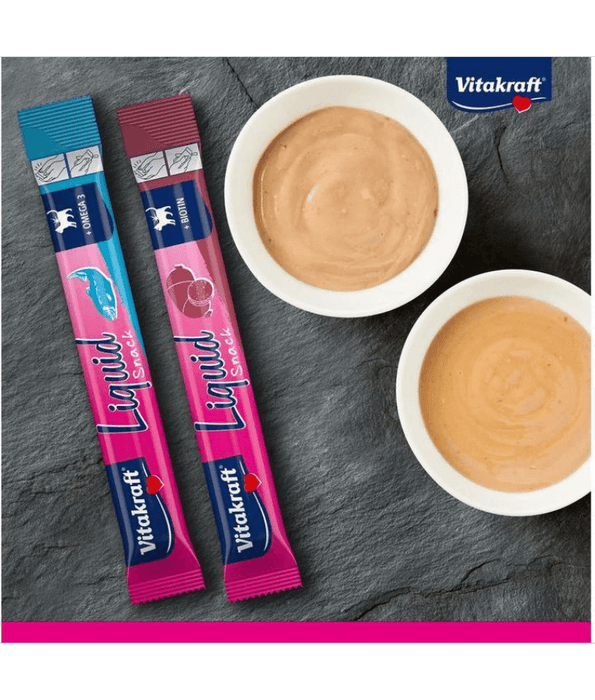 Vitakraft Liquid Snack Multipack with salmon and liver sausage flavors, high quality cat treats for all life stages.
