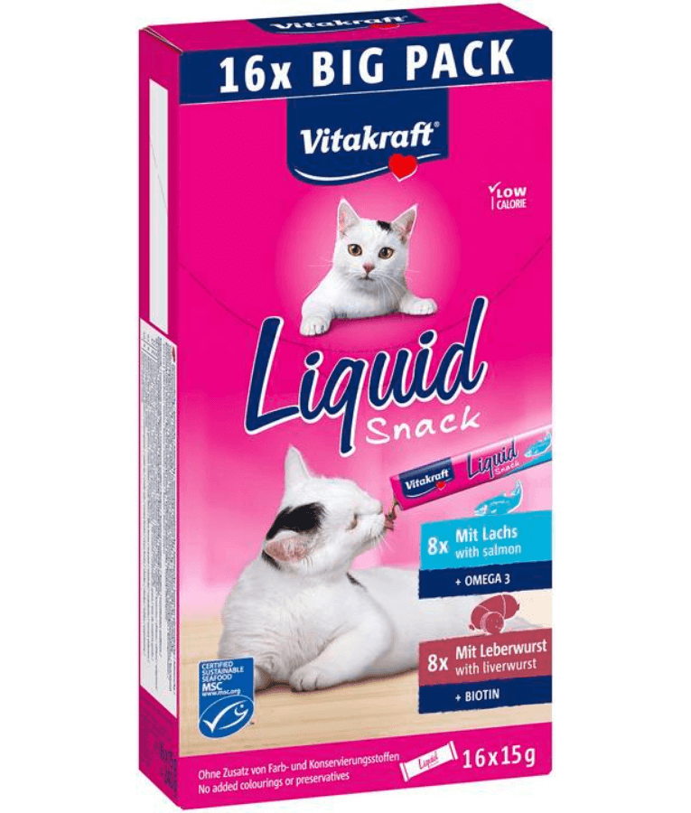Vitakraft Liquid Snack Multipack for cats, high quality cat treats with salmon and liver sausage, skin and coat support.