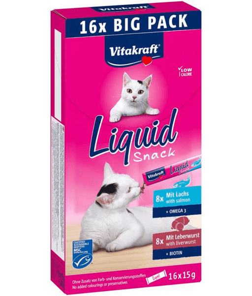 Vitakraft Liquid Snack Multipack for cats, high quality cat treats with salmon and liver sausage, skin and coat support.