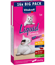 Vitakraft Liquid Snack Multipack for cats, featuring Chicken & Taurine and Beef flavors, ideal liquid cat treats in 16x15g packaging.