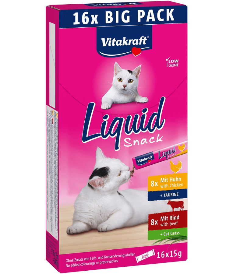 Vitakraft Liquid Snack Multipack for cats, featuring Chicken & Taurine and Beef flavors, ideal liquid cat treats in 16x15g packaging.