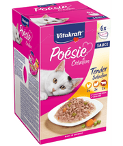 Vitakraft Poésie Création Multipack wet cat food variety pack featuring chicken, beef, and turkey in sauce.