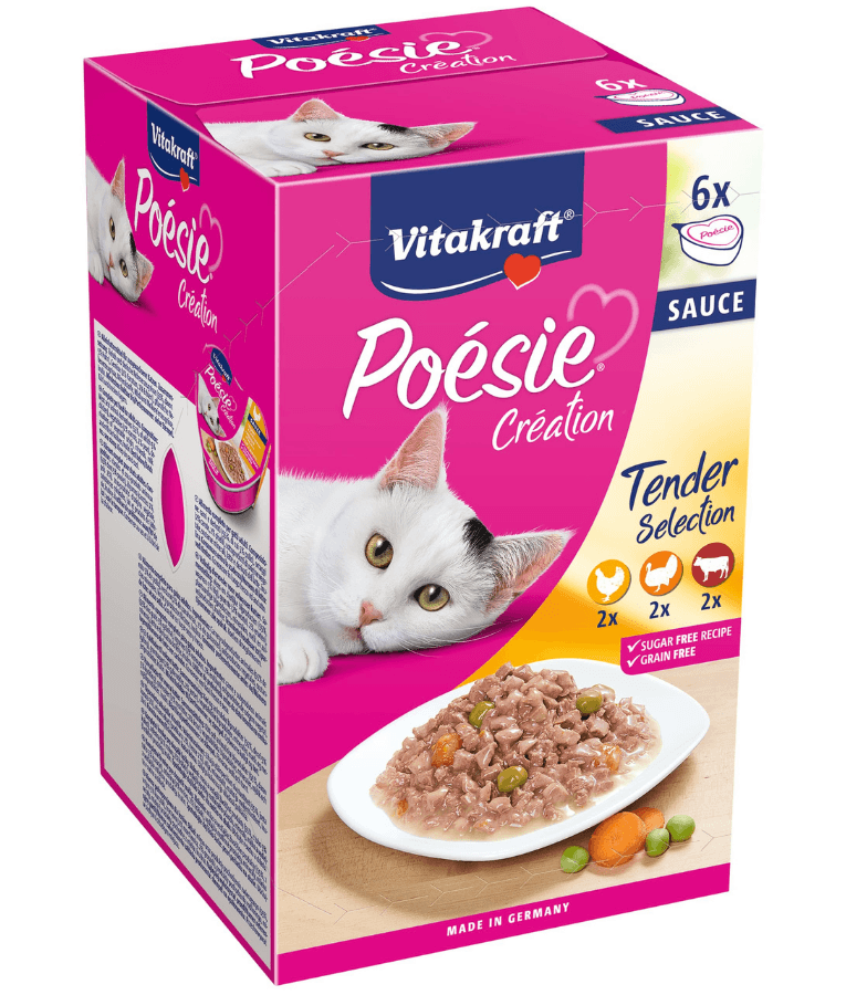 Vitakraft Poésie Création Multipack wet cat food variety pack featuring chicken, beef, and turkey in sauce.