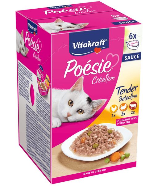 Vitakraft Poésie Création Multipack wet cat food variety pack featuring chicken, beef, and turkey in sauce.
