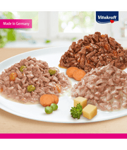 Vitakraft wet cat food variety pack featuring chicken, beef, and turkey in sauce, complete nutrition for adult cats.