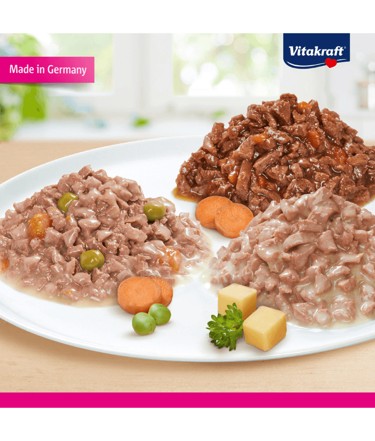 Vitakraft wet cat food variety pack featuring chicken, beef, and turkey in sauce, complete nutrition for adult cats.