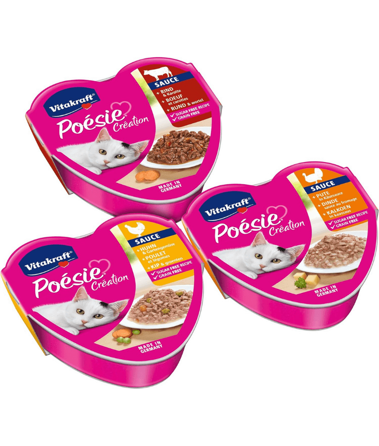 Vitakraft Poésie Création Multipack wet cat food variety pack with chicken, beef, and turkey in sauce - 510g.